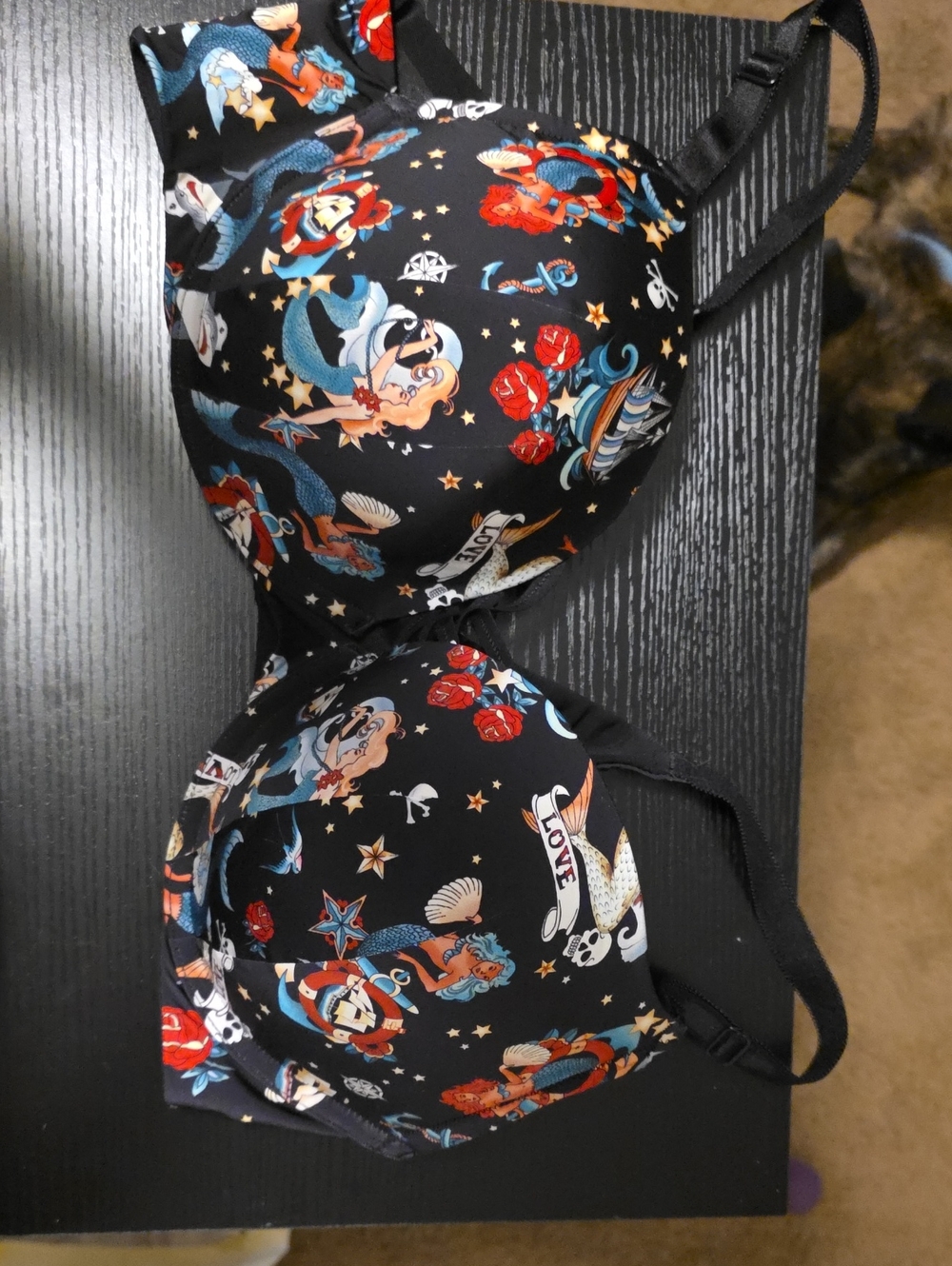 Black Tattoo-Print Boost Plunge Bra with Red & Blue Accents